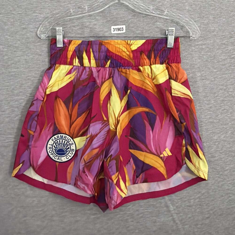 Adidas Farm Rio Womens Small Tropical Club Pink Floral High Rise Elastic Shorts